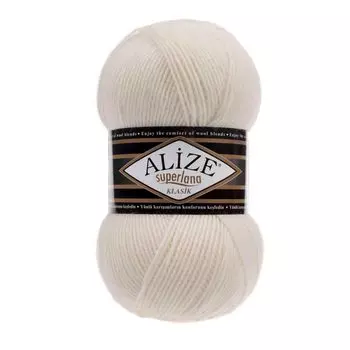 Пряжа ALIZE 'Superlana klasik' (однотонная) 100гр. 280м. (75% акрил, 25%шерсть) ТУ (62 молочный)