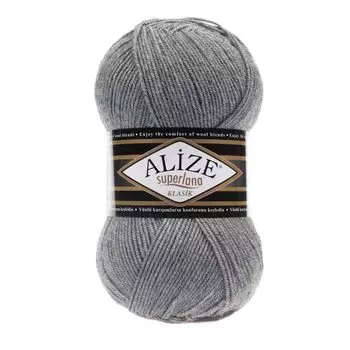 Пряжа ALIZE 'Superlana klasik' (однотонная) 100гр. 280м. (75% акрил, 25%шерсть) ТУ (21 серый меланж)