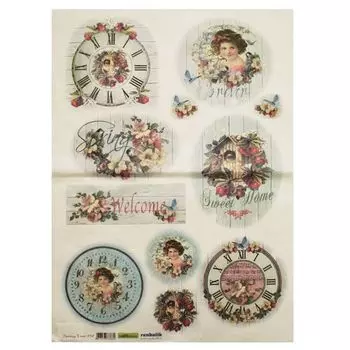 QSIPR252 Декупажная бумага рисовая 'Время весны (часы)', плотность 25 гр./кв.м, 35х50 см, Renkalik