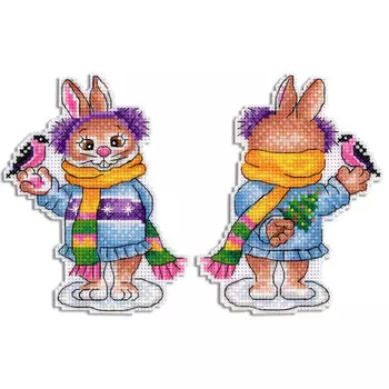 Р-858 Набор для вышивания на пластиковой канве МП Студия 'Зайка с птичкой' 10*12,5см