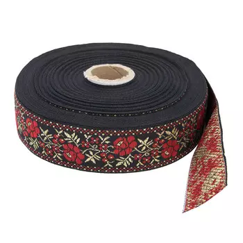 С3104Г17 Лента жаккардовая с метанитом рис. 9578 'Цветы' 32мм*25м (черный/красный/золото)