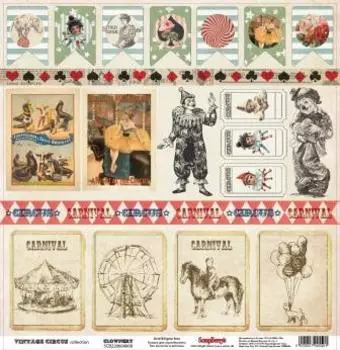 SCB220604908 Бумага для скрапбукинга односторонняя Старый цирк Клоунада 30,5х30,5см 180 гр/м,10 шт*уп
