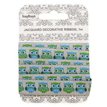 SCB390705 Лента жаккардовая 'Совы', синие, 15мм, 1м