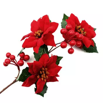 XY19-074 Ветка с ягодами и цветами пуансеттии красная, 40см