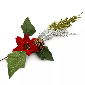 XY19-298 Ветка сосноваяс ягодами и цветами пуансеттии, 32см