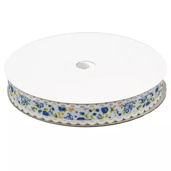 YH91 Лента декоративная 'Цветочки', 15 мм*25 м (01 белый/синий)