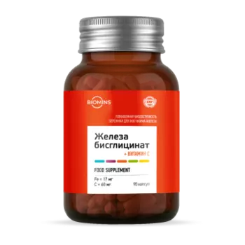 Biomins, Железо (бисглицинат) + витамин C, капсулы, 90 шт.