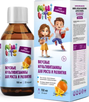 Minivits, Вкусные мультивитамины для роста и развития, со вкусом апельсин-ваниль, жидкость, 150 мл
