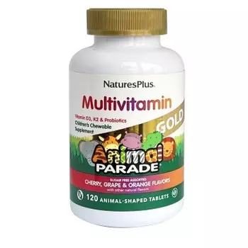 Natures Plus, Animal Parade Gold Multi, Детский мультивитаминный комплекс (вишня, апельсин, виноград), жевательные таблетки, 120 шт.