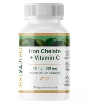 Restartbio, Железо (бисглицинат) + витамин С (аскорбат натрия), капсулы, 120 шт.
