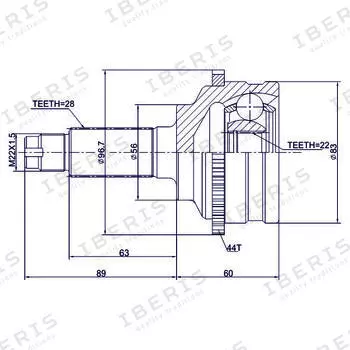 ШРУС НАРУЖ (РАЗМЕР 22Х56Х28, С АБС 44 ЗУБ.) KIA SPEKTRA 1.5 (ABS) 00-, MAZDA XEDOS-6, 626 GF