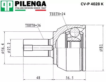 ШРУС НАРУЖНЫЙ, ШЛИЦЫ - 36Х24
