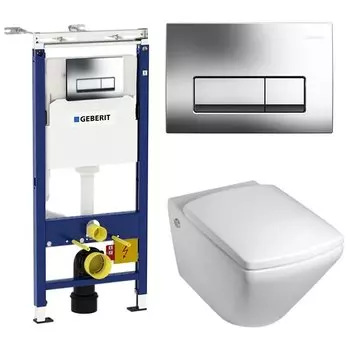 Комплект унитаза Jacob Delafon Escale E1306-00 с инсталляцией Duofix Plattenbau Delta UP100 458.125.21.1 с сиденьем Микролифт и клавишей смыва Хром