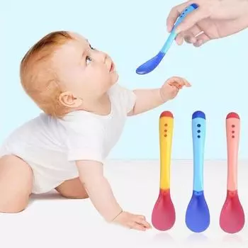 0-5 лет детская дополнительная посуда ложка для кормления размешивания 40 градусов чувствительный к температуре меняющий цвет мягкий силикон жёлтый