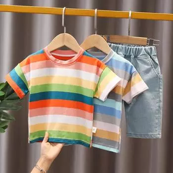 0-5 лет мальчики одежда с короткими рукавами костюмы хлопковые полосатые детские футболки удобные комплекты одежды 6-12m красный