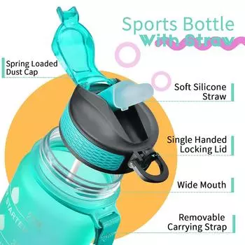 1000ML Water Bottle With Time Marker Plastic Motivational Water Bottle Drinking Bottle for Gym Sports Outdoor Travel Work 1PC 1.0L чёрный