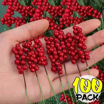 100/10 шт. Мини искусственные красные ягоды ветки рождественские ягоды падуба тычинки цветы венок рождественские елочные украшения для вечеринки домашний декор 10PCS