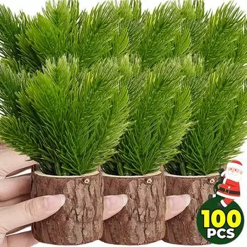 100/10 шт. рождественские искусственные сосновые иголки, поддельные сосновые ветки, гирлянда своими руками, зеленые листья, цветы, украшения для рождественской вечеринки 10PCS