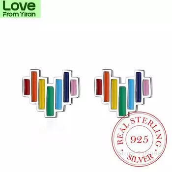 100 %925 Sterling Silver Christmas Gift Jewelry Rainbow Heart Stud Earrings For Women Grils Female Pendientes Mujer Moda