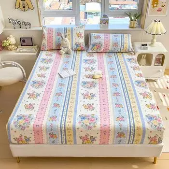 100%Cotton Bed Sheet Set Flower Printed Fitted Bed Sheet Pure Cotton Soft Fitted Sheet With Elastic Single/Queen/King Bed Sheets Single90x200x25cm1pc