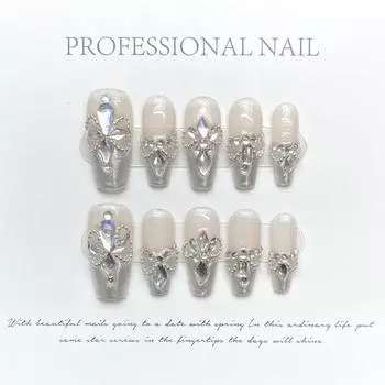 100% РУЧНАЯ РАБОТА Набор накладных ногтей с клеем Dreamy Fairy Aurora Pink Sparkling White Diamond Свадебные ногти Фототерапия Ногти Многоразовые и съемные XS