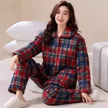 100% чистый хлопок пижама женская зимняя трехслойная утепленная куртка для мам среднего возраста теплая домашняя одежда комплект M