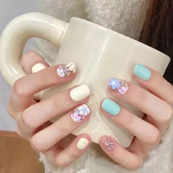 100% РУЧНАЯ РАБОТА Короткие круглые накладные ногти с клеем Dopamine Mint Mambo Butterfly Ice Cream Короткие акриловые накладные искусственные ногти Многоразовые ногти XS