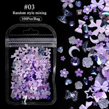 100 шт., 3D смола, розовый, фиолетовый, подвеска для ногтей, цветы, сердце, медведь, смешанное украшение для дизайна ногтей, Kawaii, розовая лента, бант, сделай сам, часть для ногтей WY1513