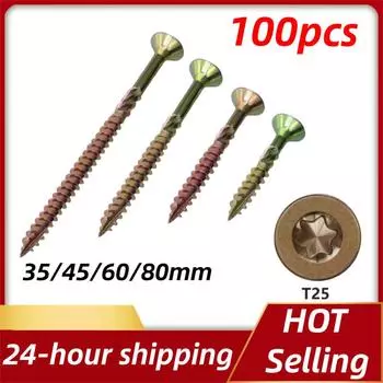100 шт. шурупов по дереву T25 35/45/60/80 мм с плоской головкой, саморезы Torx, шурупы для крепления по дереву для оборудования