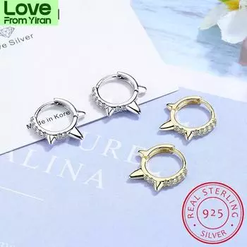 100% стерлингового серебра 925 пробы в стиле панк, крутые легкие заклепки, маленькие открытые серьги-кольца, серьги-шипы с кубическим цирконием для женщин, ювелирные изделия золотой