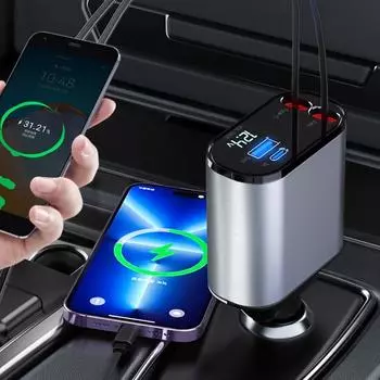 100 Вт 4 в 1 выдвижное автомобильное зарядное устройство USB Type C быстрое зарядное устройство цифровой дисплей адаптер прикуривателя для iPhone/Samsung