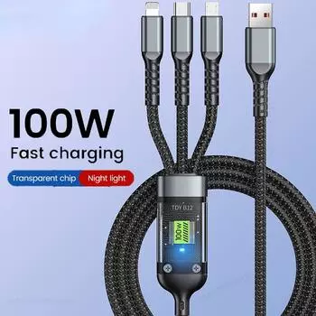 100 Вт 5А 3 в 1 1,2 м Кабель для быстрой зарядки Micro USB Type C Кабель Lightning для iPhone Samsung Huawei Xiaomi Зарядное устройство для телефона USB C Кабель для передачи данных 1.2m чёрный