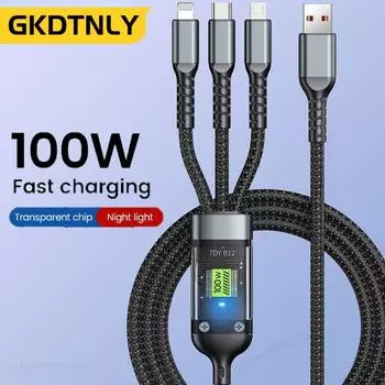 100 Вт 5A 3 в 1 кабель для быстрой зарядки 6A Micro USB Type C IOS кабель для передачи данных провод для мобильного телефона 1.2m чёрный