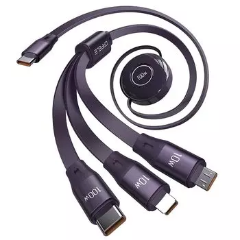 [100 Вт] Кабель для зарядки, сматываемый 3-в-1 USB-кабель [одновременное подключение и работа в обоих режимах, а также одновременная подача питания на 3 устройства] 100 Вт/5 А USB-C - Multi-кабель для iPhone
