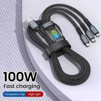 100 Вт USB-кабель 3 в 1 для быстрой зарядки, аксессуары для iPhone, Xiaomi, Huawei, кабель для зарядки типа C, многопортовый провод 1.2m
