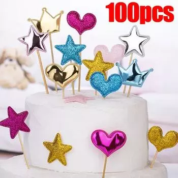 100pcs Colorful Cake Topper Crown Star Heart Happy Birthday Party Cake Decor Supplies Baby Shower Decoration Wedding cupcake 100pcs
