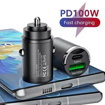 100W PD QC 3.0 Pull Ring Fast Charging Car Charger USB Type C Car Phone Charger Adapter For iPhone 15 14 Xiaomi Samsung Huawei Black
