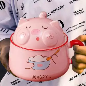 1020 мл Pig Instant Noodles Чаша с крышкой Большая вместительная чашка для студенческого общежития Милая женская чашка с ручкой Кружка для кофе и путешествий 1L