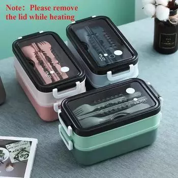1050 мл большой емкости ланч-бокс Bento со столовыми приборами двухслойный контейнер для еды с подогревом в микроволновой печи для студентов и офисных работников зелёный