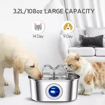108oz/3.2L кошачья вода нержавеющая сталь диспенсер для домашних животных со светодиодной подсветкой бесшумный насос автоматический фонтан для кошек собак поилка