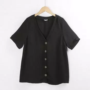 1094 Button Short-sleeved Shirt Summer V-neck Plus size Slimming Black Versatile Temperament Shirt Women clothes Foreign Trade Black 8