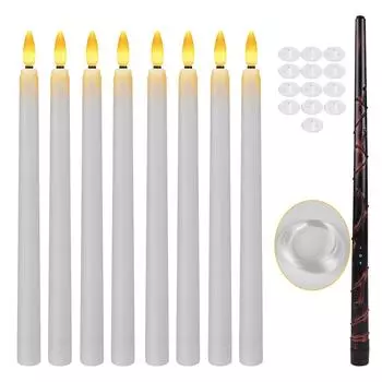 10/12Pcs Flameless Floating Candles with Magic Wand Flickering Warm Light LED Taper Candle for Christmas Halloween Party Decor