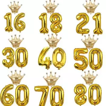 10, 18, 20, 30, 40, от 50 до 90 лет, детский, взрослый, день рождения, вечеринка, набор воздушных шаров с золотой короной и номером 10th