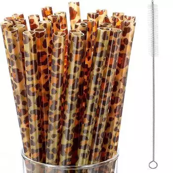 10/20pcs Leopard Plastic Straws Hard Plastic Reusable Straws with Cleaning Brush for Tumbler Cup Drinking Bar Party 230mm Long