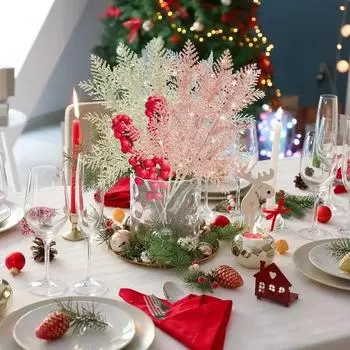 10/5PCS Christmas Glitter Artificial Pine Branches Xmas Tree Hanging Ornament Leaves Fake Plants Flower New Year Home Decoration 5PCS
