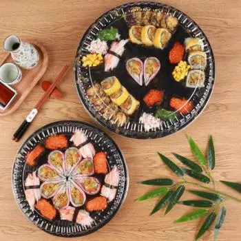 10 шт. круглые подносы для сэндвичей с крышками, прочные пищевые прочные элегантные подносы с прозрачным рисунком и принтом для кейтеринга, коробка для суши S
