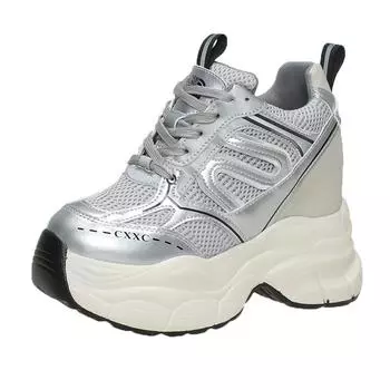 10CM High Heels Spring Autumn Chunky Sneakers for Women Platform Sports Breathable Mesh Shoes Fashion Woman Lace-up Dad Shoes 36 белый