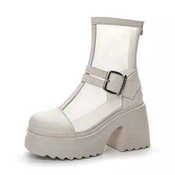 10cm New Air Mesh Breathable Motorcycle Ankle Boots Genuine Leather Shoes Fashion Sandals Summer Ladies Hollow Boots Woman 2025 34