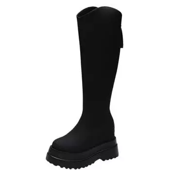 10CM New Winter Women Knee High Boots 2024 Fashion Punk Platform Chunky Female Long Boot Soft Leather Zipper Casual Riding Boats 34 серый