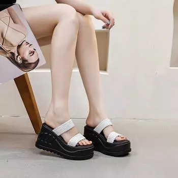 10CM Weave Microfiber Leather Chunky Sneakers Women Pumps Hollow Summer Platform Wedge Fashion Sandal Slippers High Heels Shoes 33